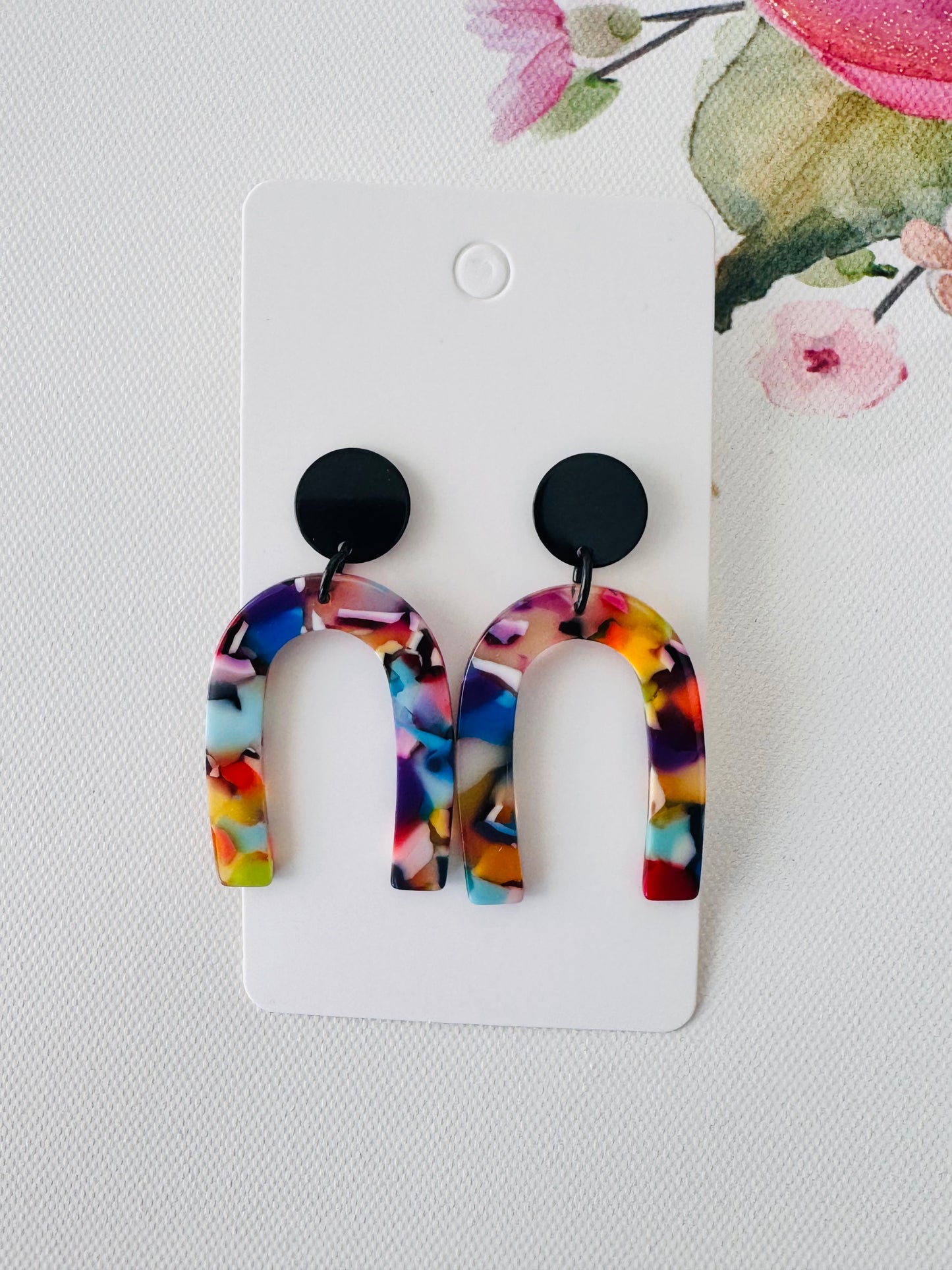 Colorful resin arch earrings, black post