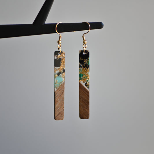 Clearance : Wood resin bar dangle earrings