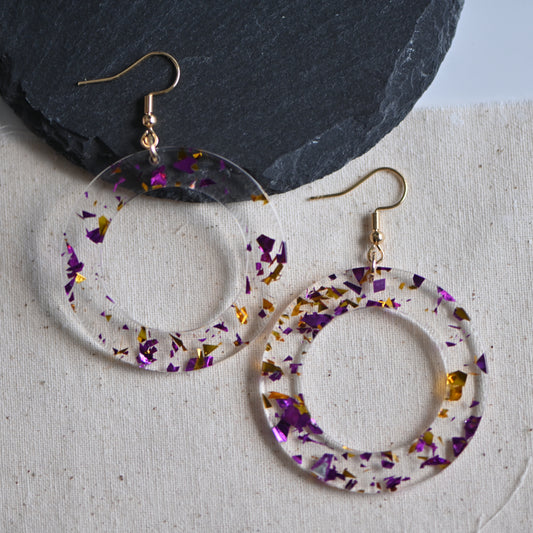 Clearance: Acrylic with purple and gold flake big round dangle earrings