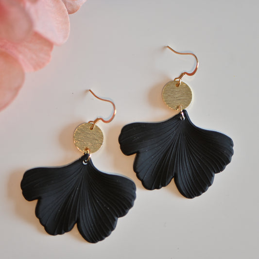 Black and gold ginkgo dangle earrings