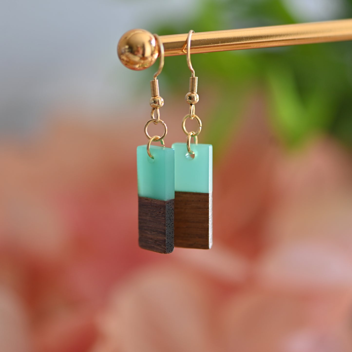 Teal resin and wood bar earrings