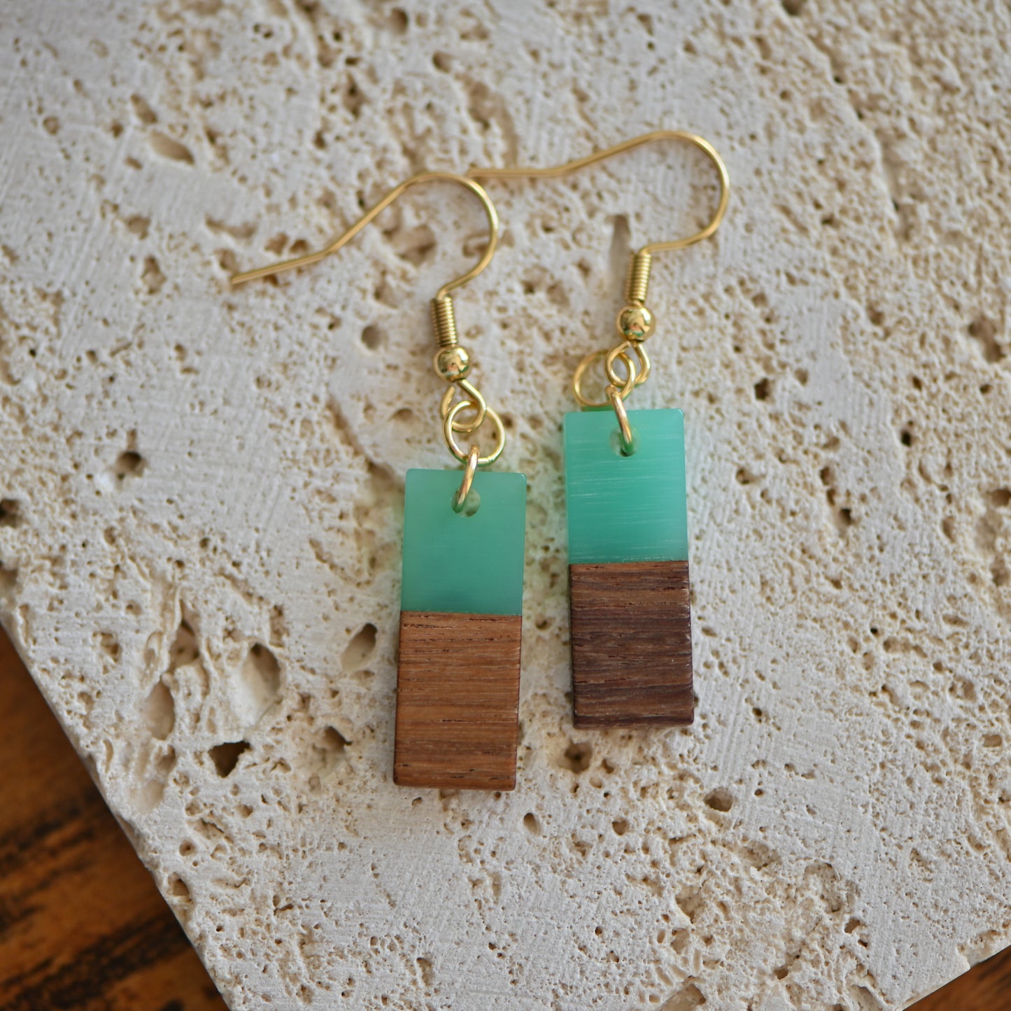 Teal resin and wood bar earrings