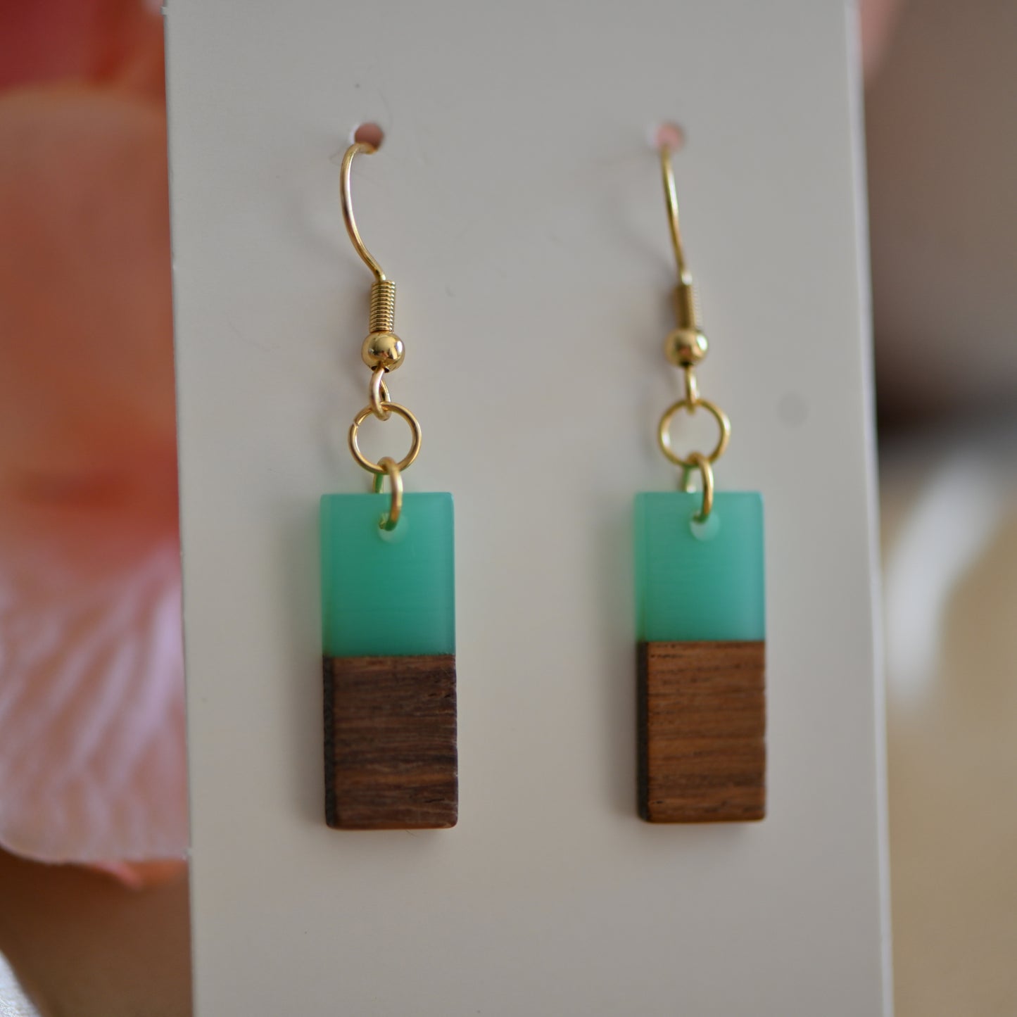 Teal resin and wood bar earrings