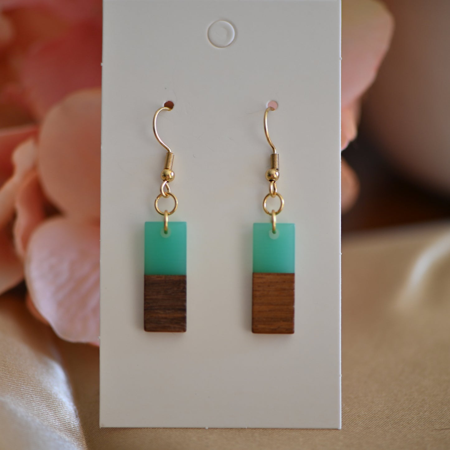 Teal resin and wood bar earrings