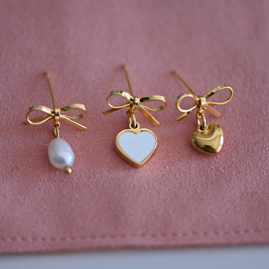 Bow earrings with pearl charms, heart charm or mother of pearl heart charms