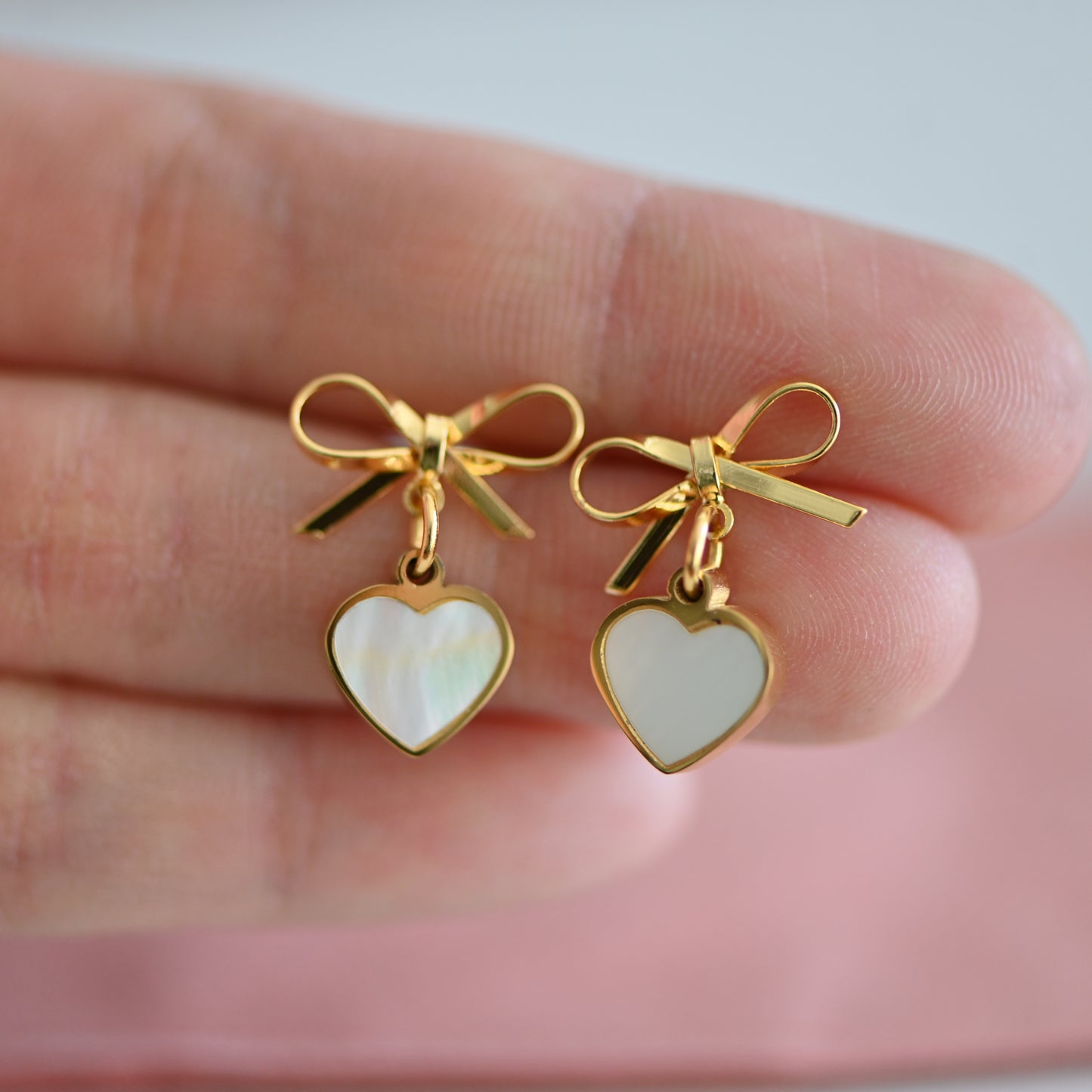 Bow earrings with pearl charms, heart charm or mother of pearl heart charms