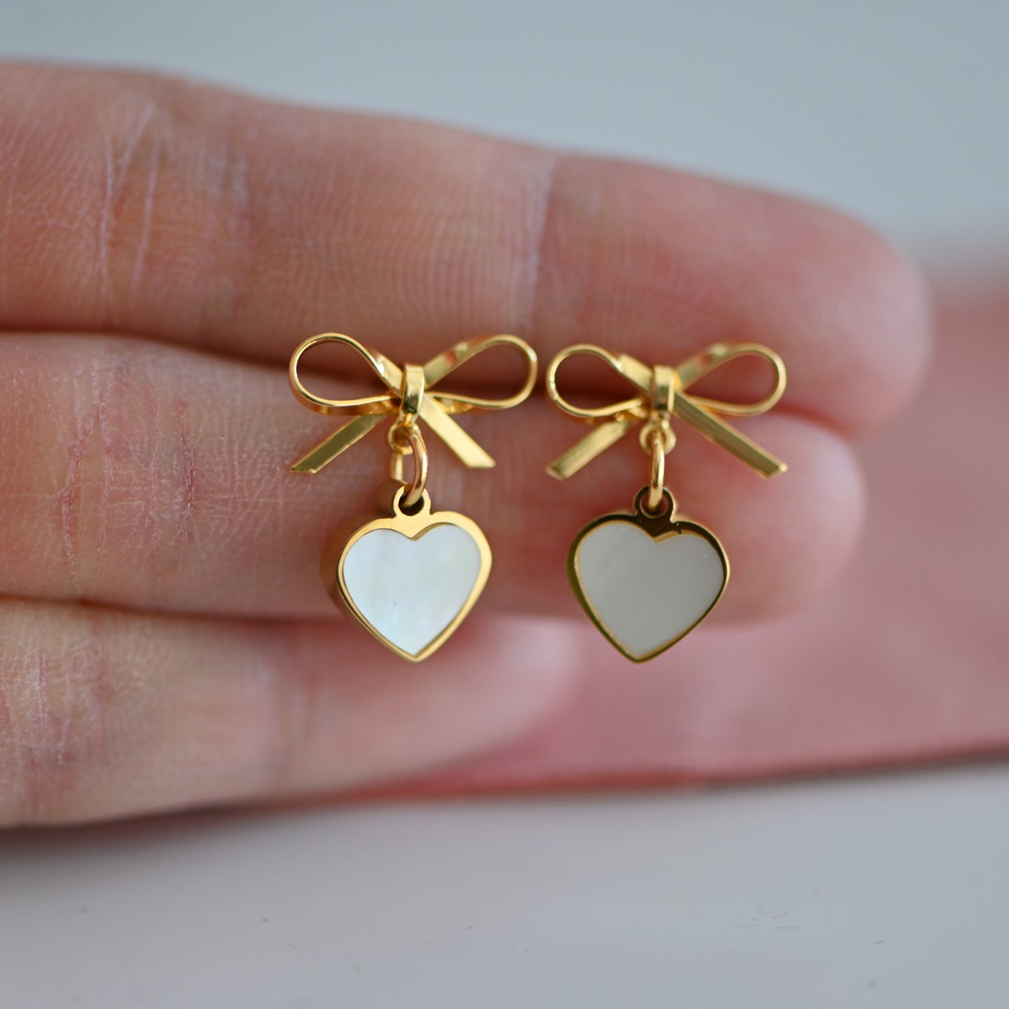 Bow earrings with pearl charms, heart charm or mother of pearl heart charms