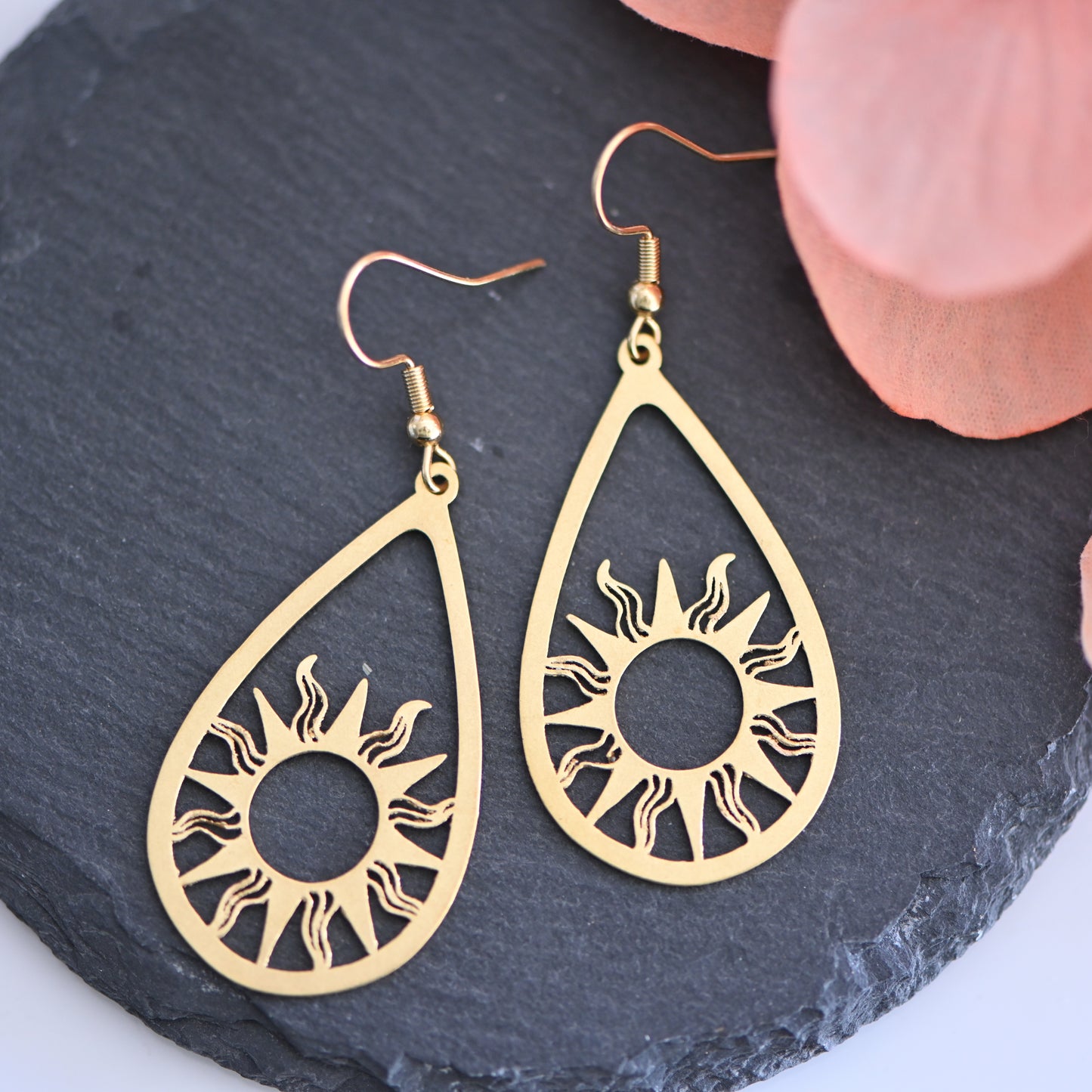 Raw brass sun teardrop dangle earrings