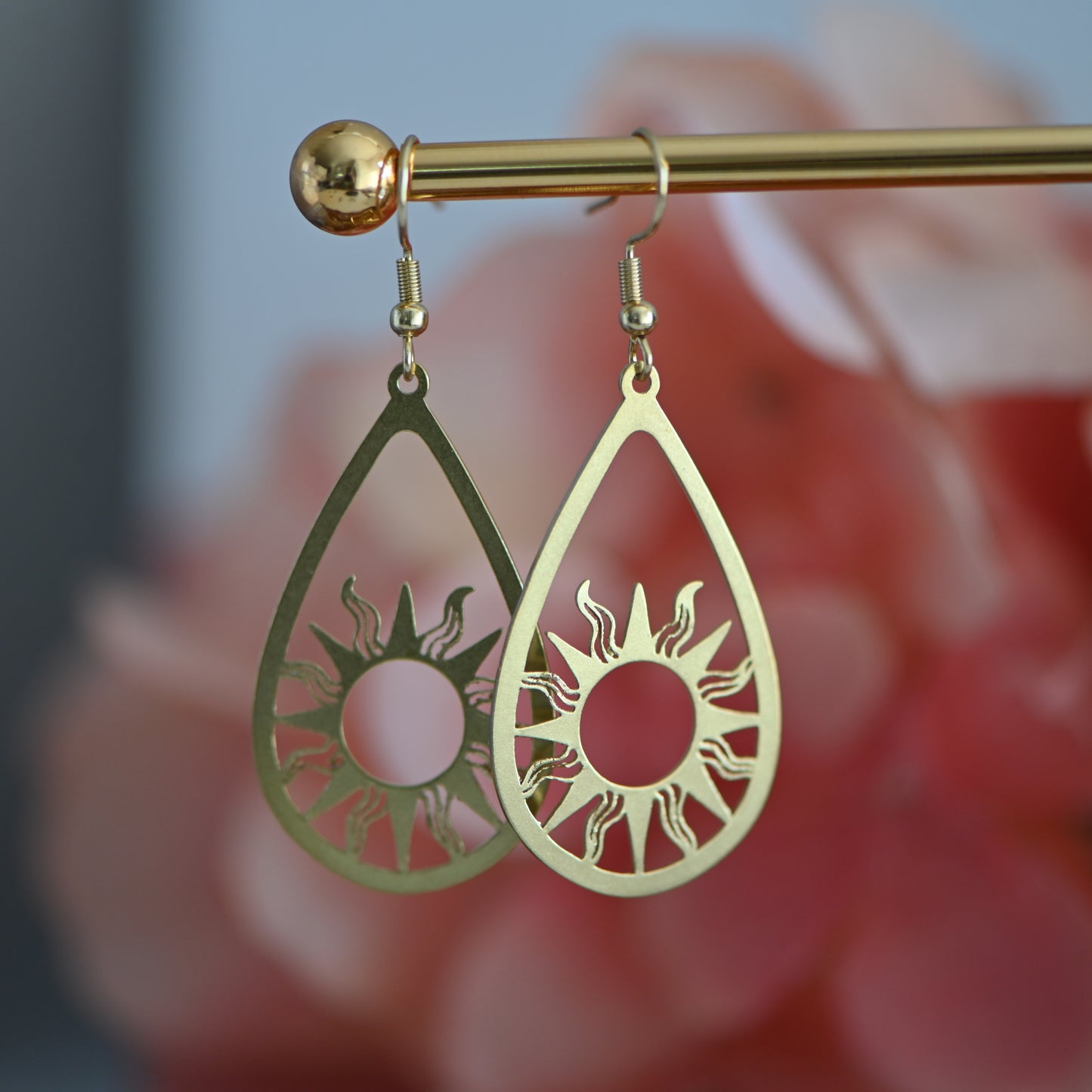 Raw brass sun teardrop dangle earrings