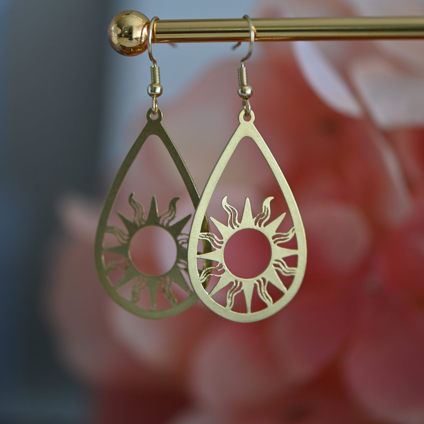 Raw brass sun teardrop dangle earrings