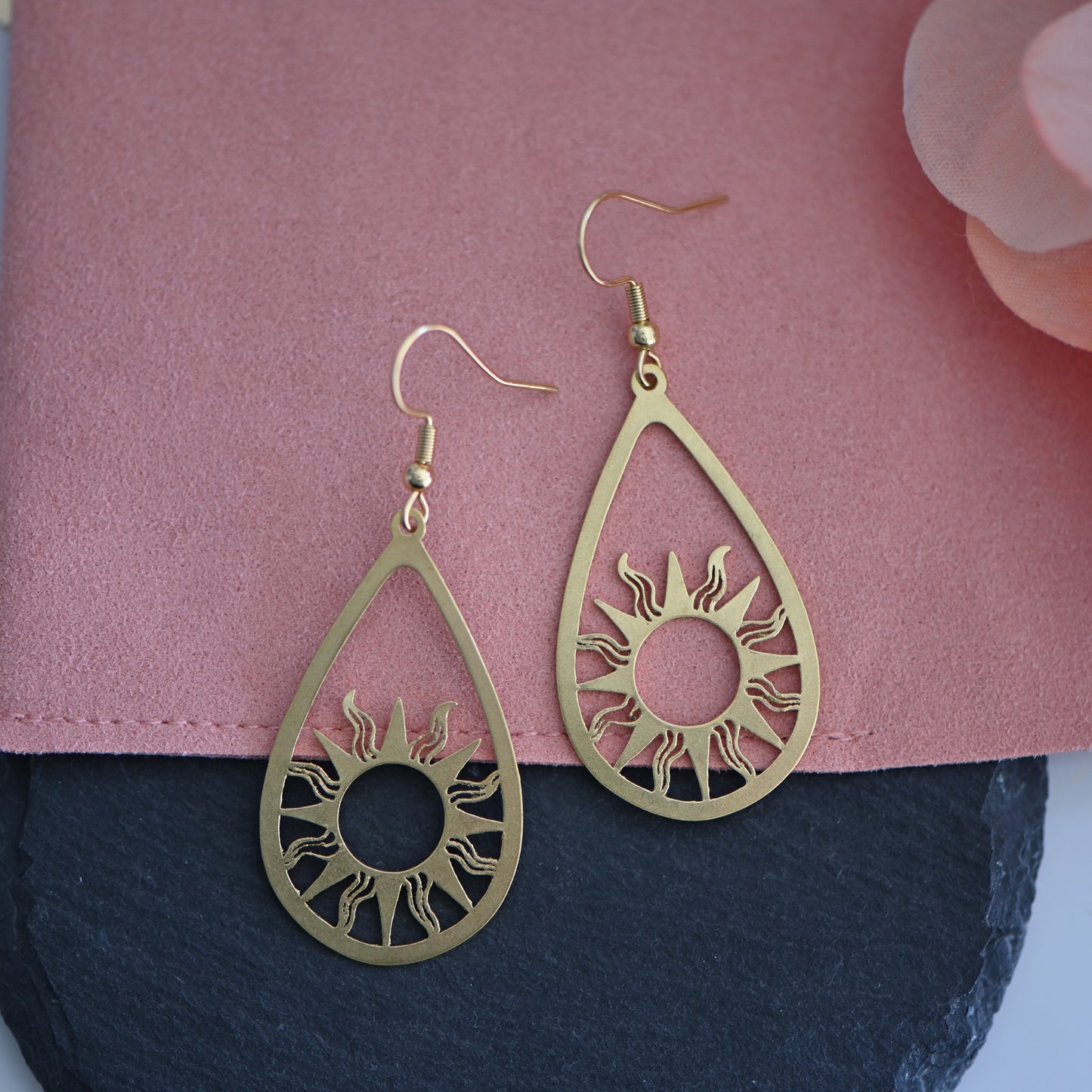 Raw brass sun teardrop dangle earrings