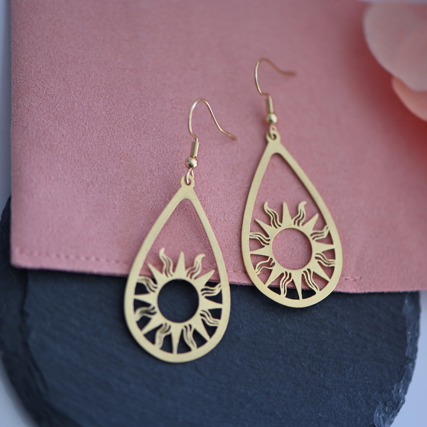 Raw brass sun teardrop dangle earrings