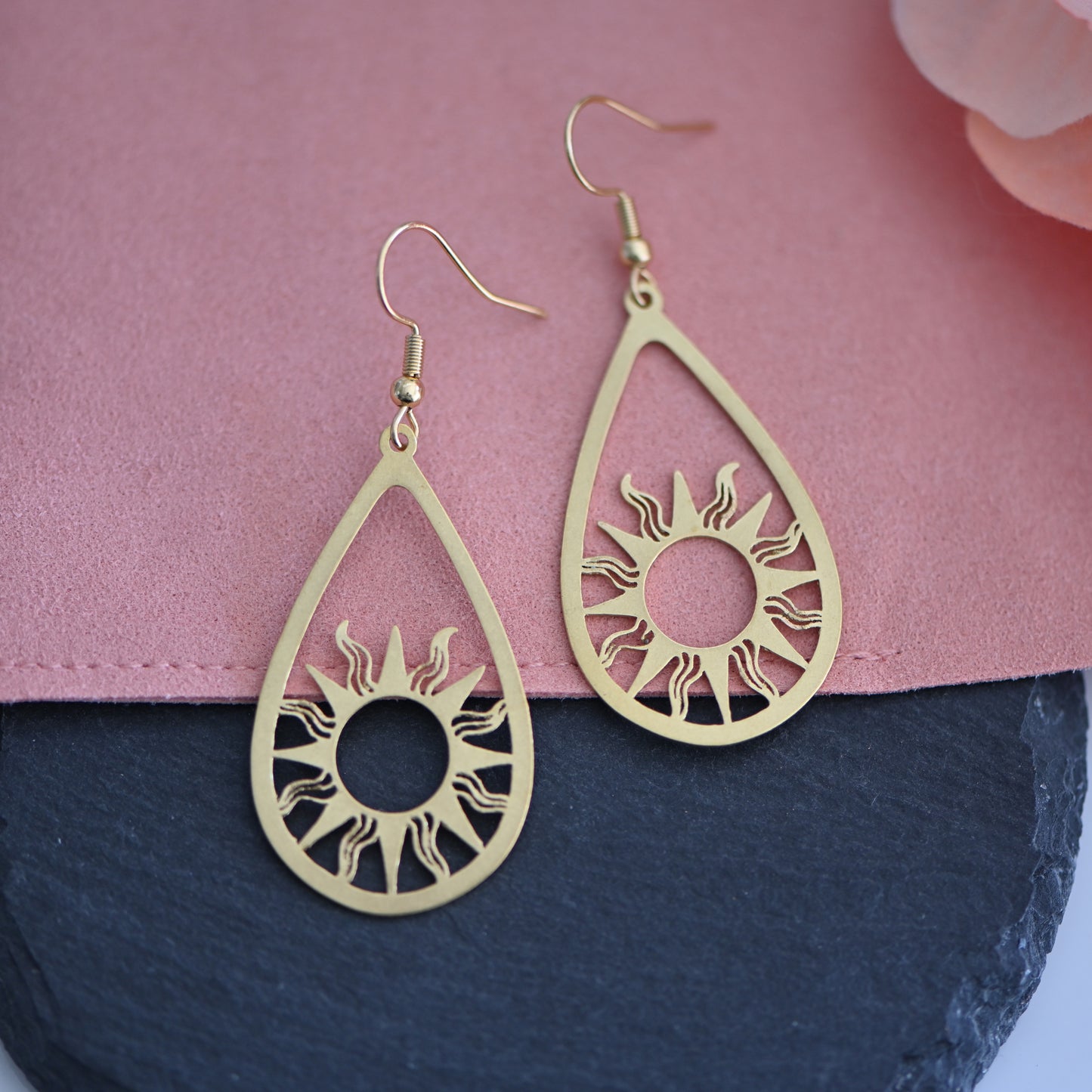 Raw brass sun teardrop dangle earrings