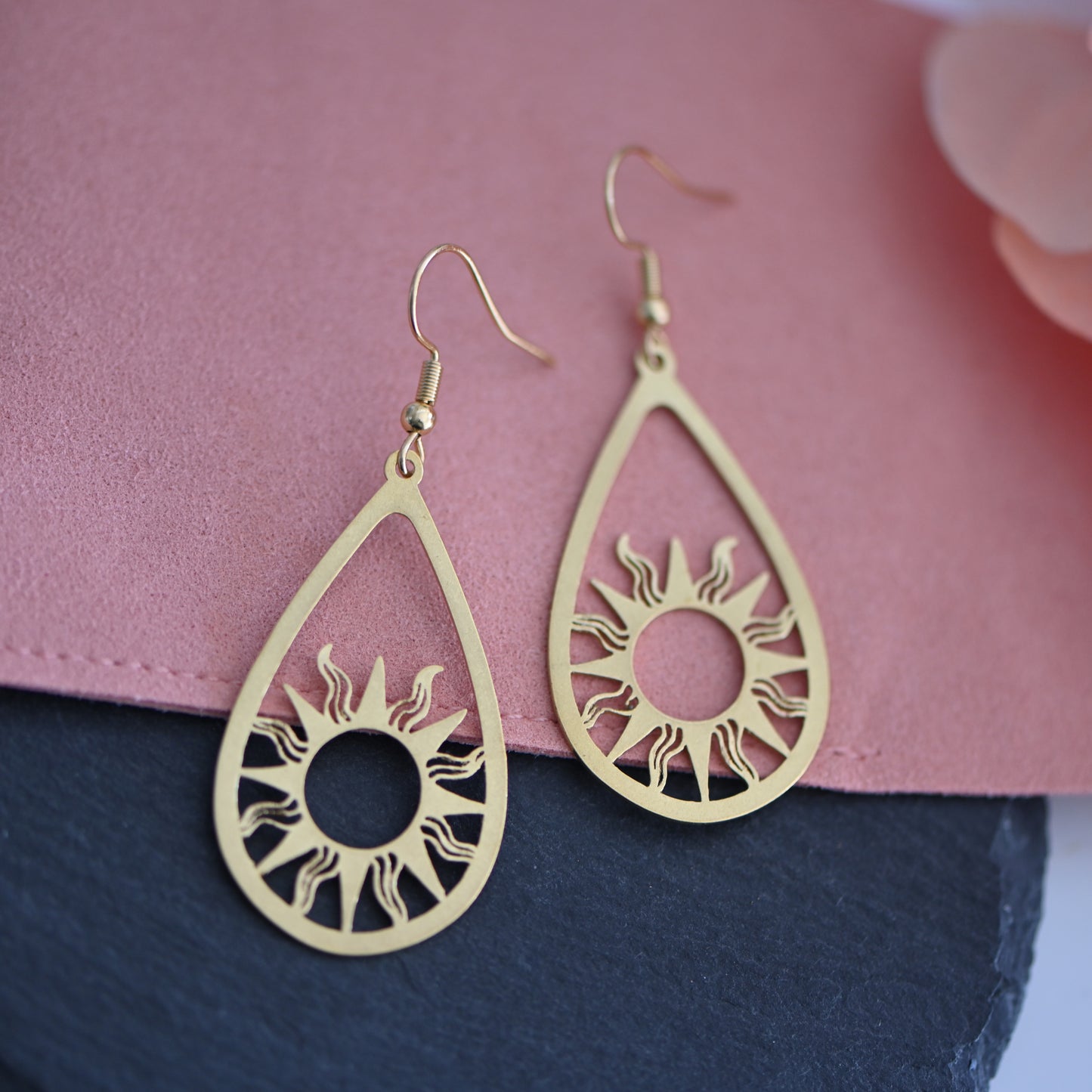 Raw brass sun teardrop dangle earrings