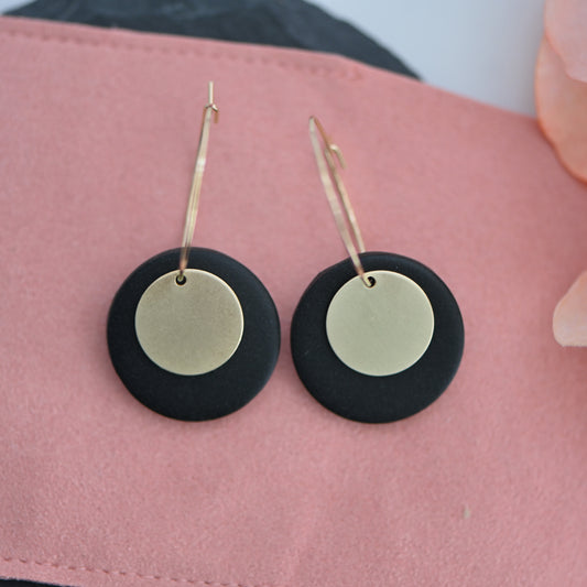 Black clay earrings, gold hoops, brass charm