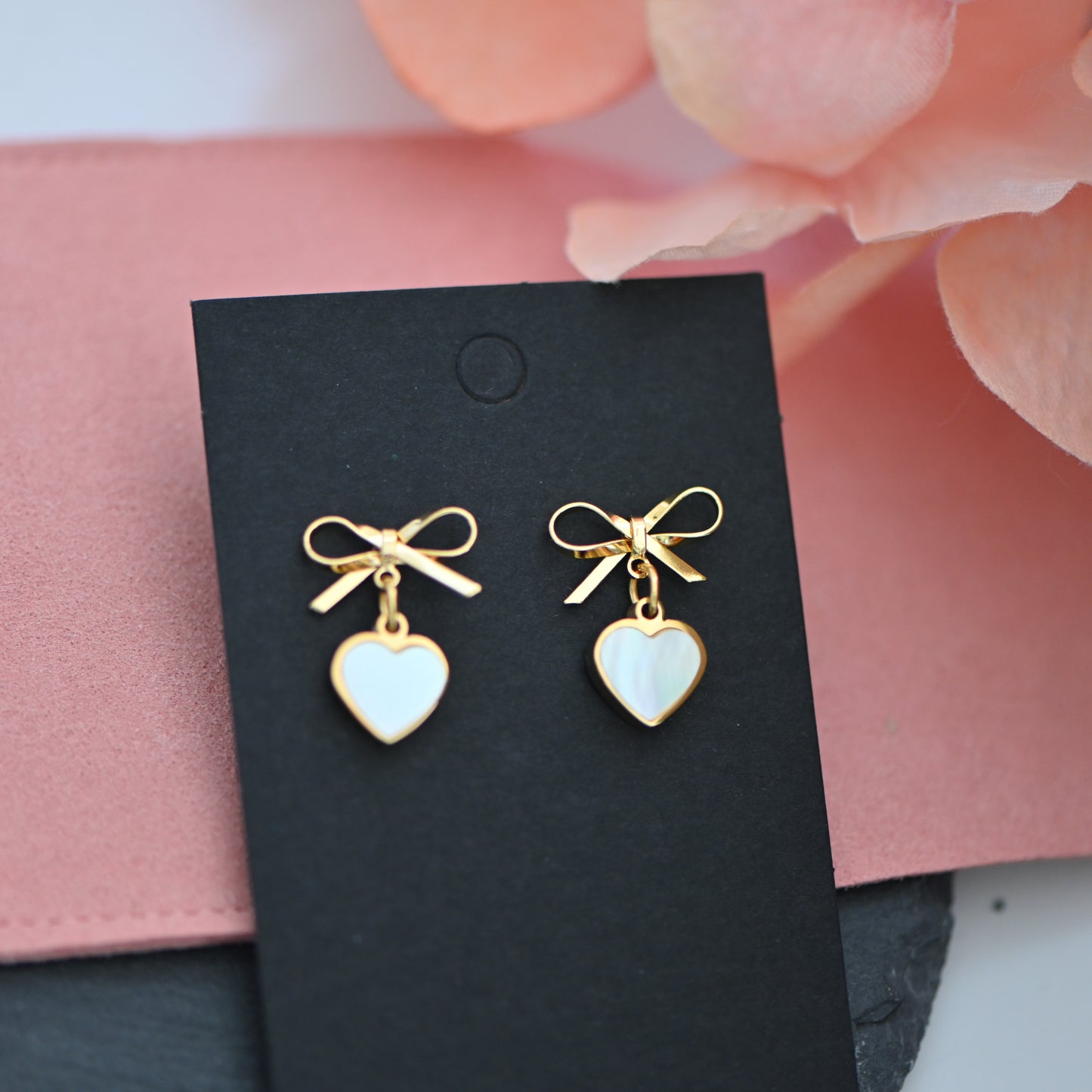 Bow earrings with pearl charms, heart charm or mother of pearl heart charms