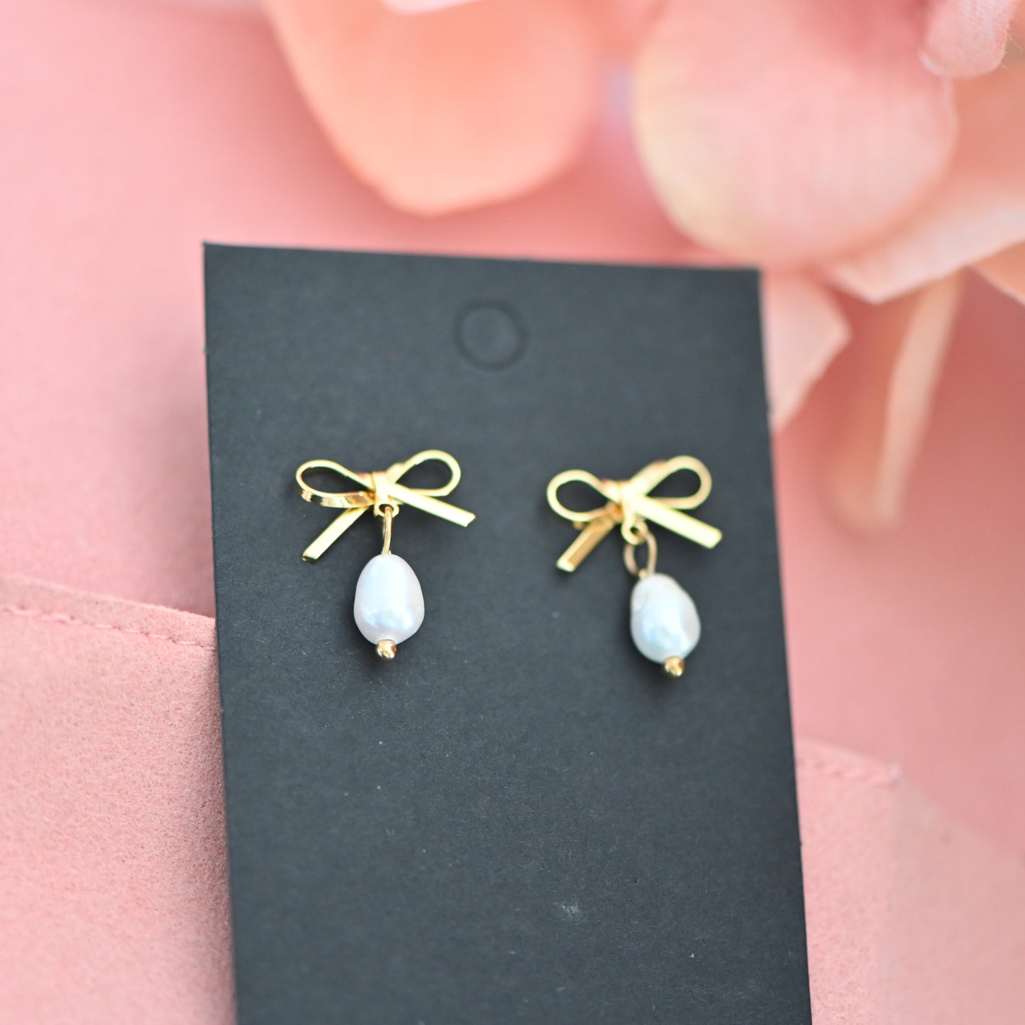 Bow earrings with pearl charms, heart charm or mother of pearl heart charms