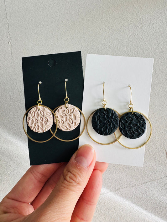 Beige or black polymer clay earrings, leave pattern