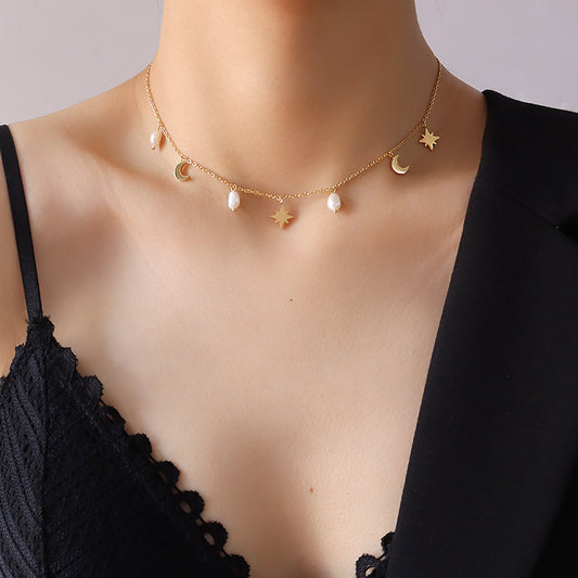 Star and Moon pearl choker necklace